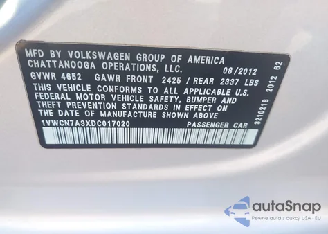 2013 Volkswagen Passat 2.0L Tdi Sel Premium from USA, damaged, VIN 1VWCN7A3XDC017020